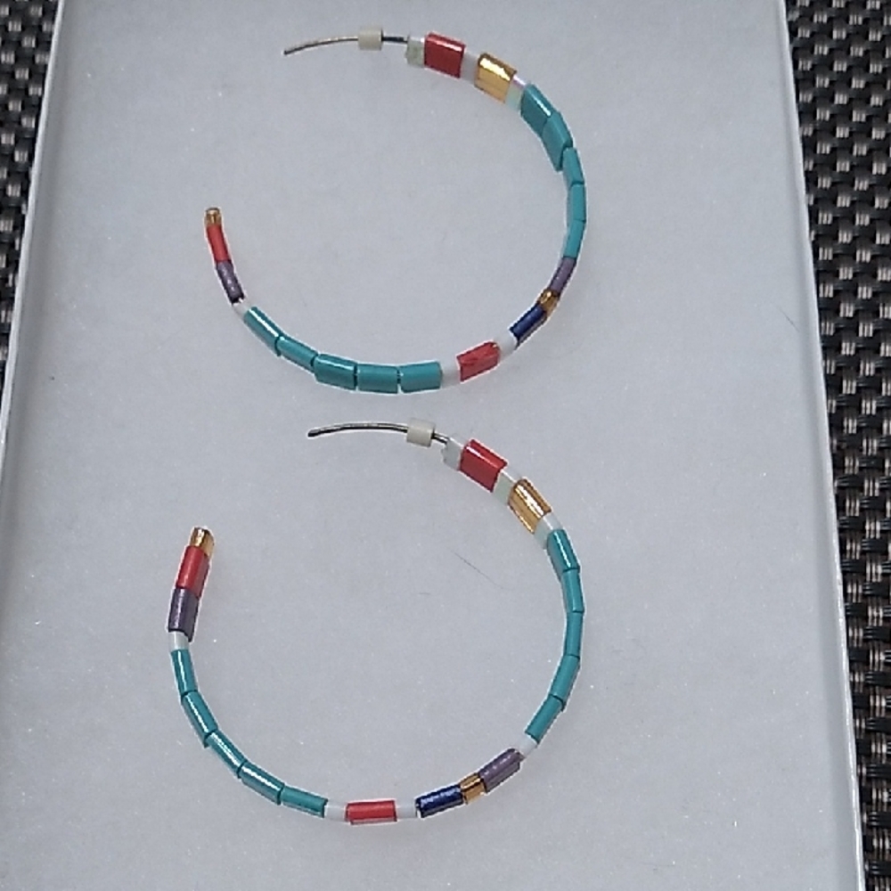 Colorful Beaded Hoop Earrings - Turquoise Multicolor